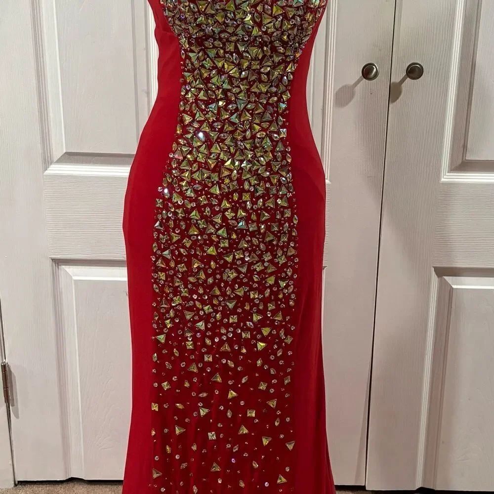 Anny Lee Dress Formal Prom Wedding Holiday Red Gold Rhinestone Embellished Gown